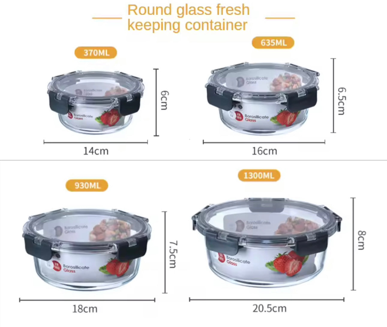 Round borosilicate glass food containers(set of 4 pieces)