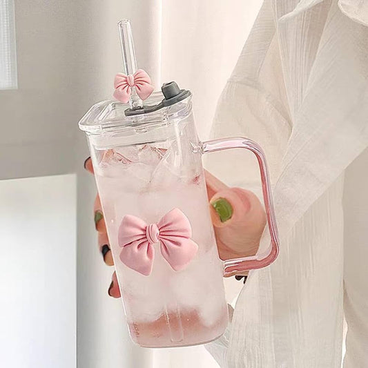 glass mug with lid and straw