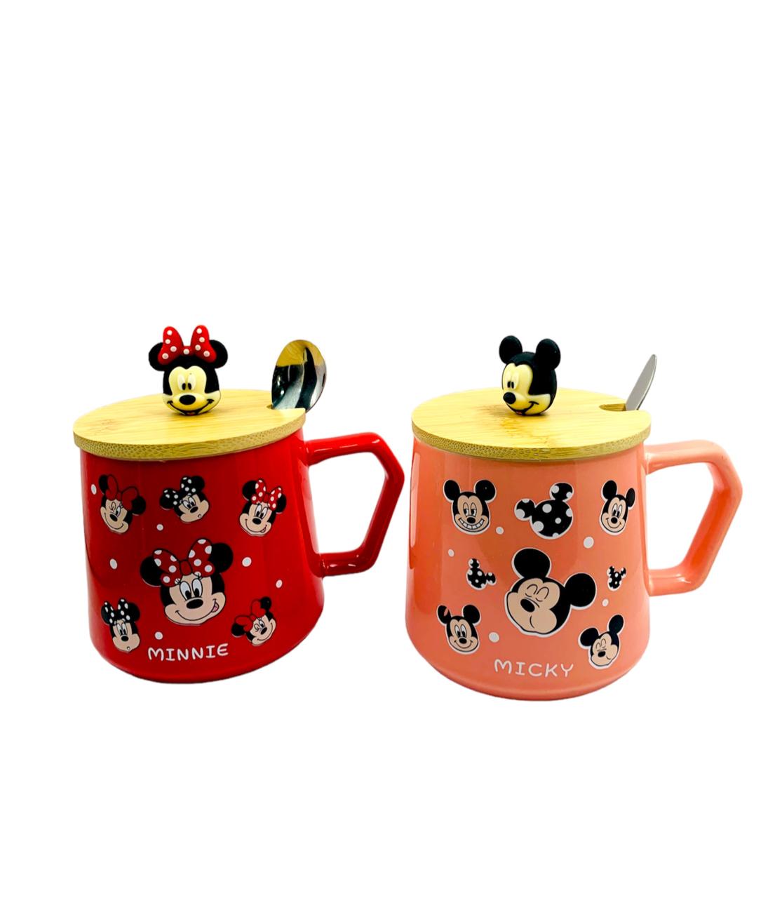 Mickey & Minnie Mouse Mugs with Wood Lid & Teaspoon