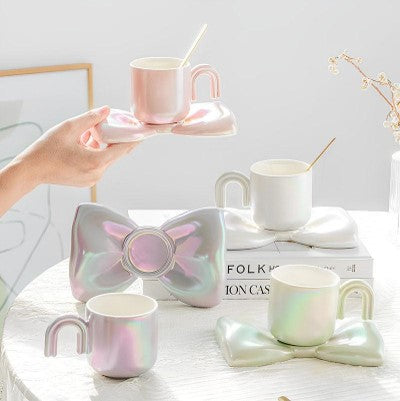 Pearl Glaze Bow Coffee Cup & Saucer